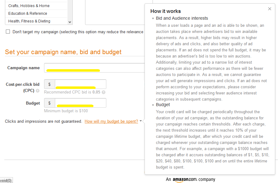 Amazon set campaign name and budget