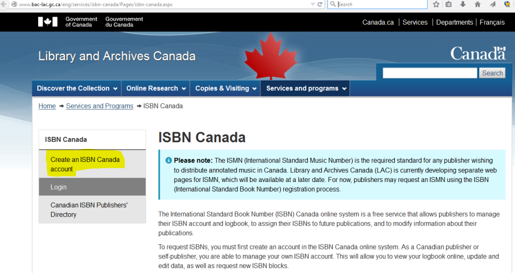 ISBN Canada create an account