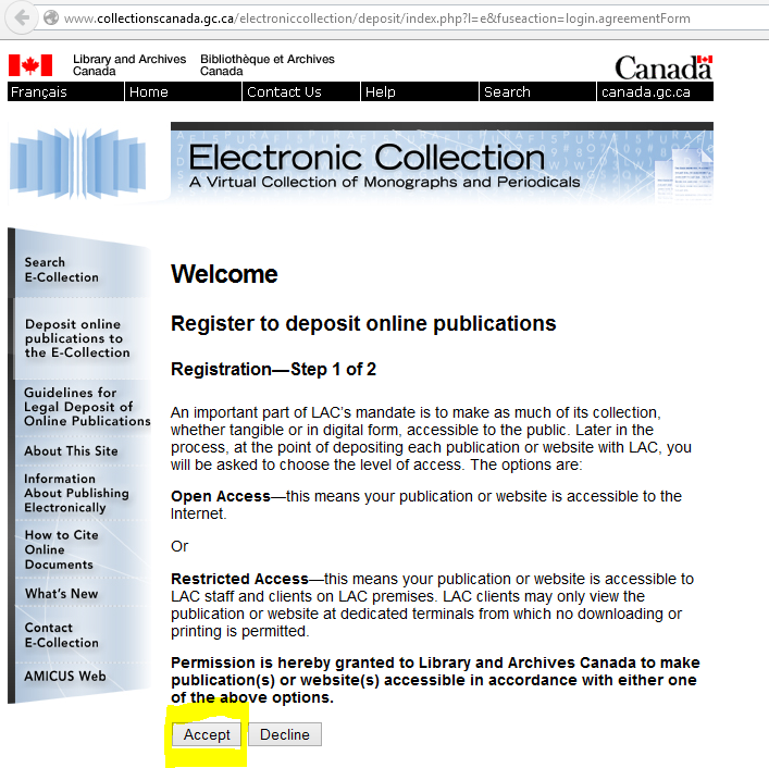 Library of Canada accept terms