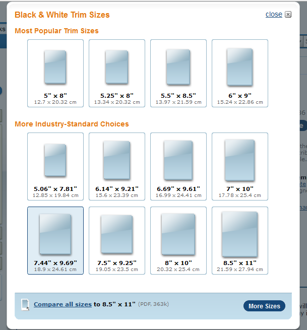 createspace book size choices