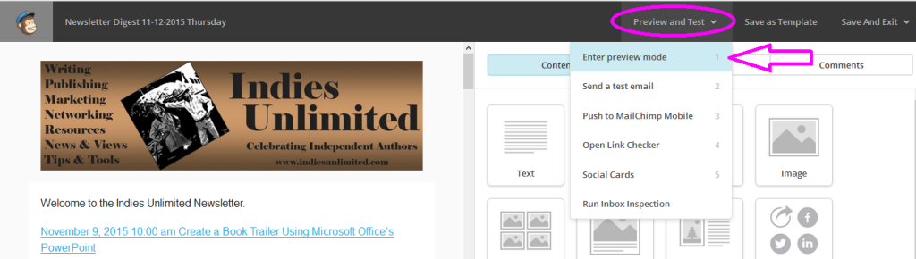 mailchimp preview and test mode