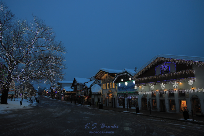 Bavarian village lit with holiday lights at dawn copyright KS Brooks