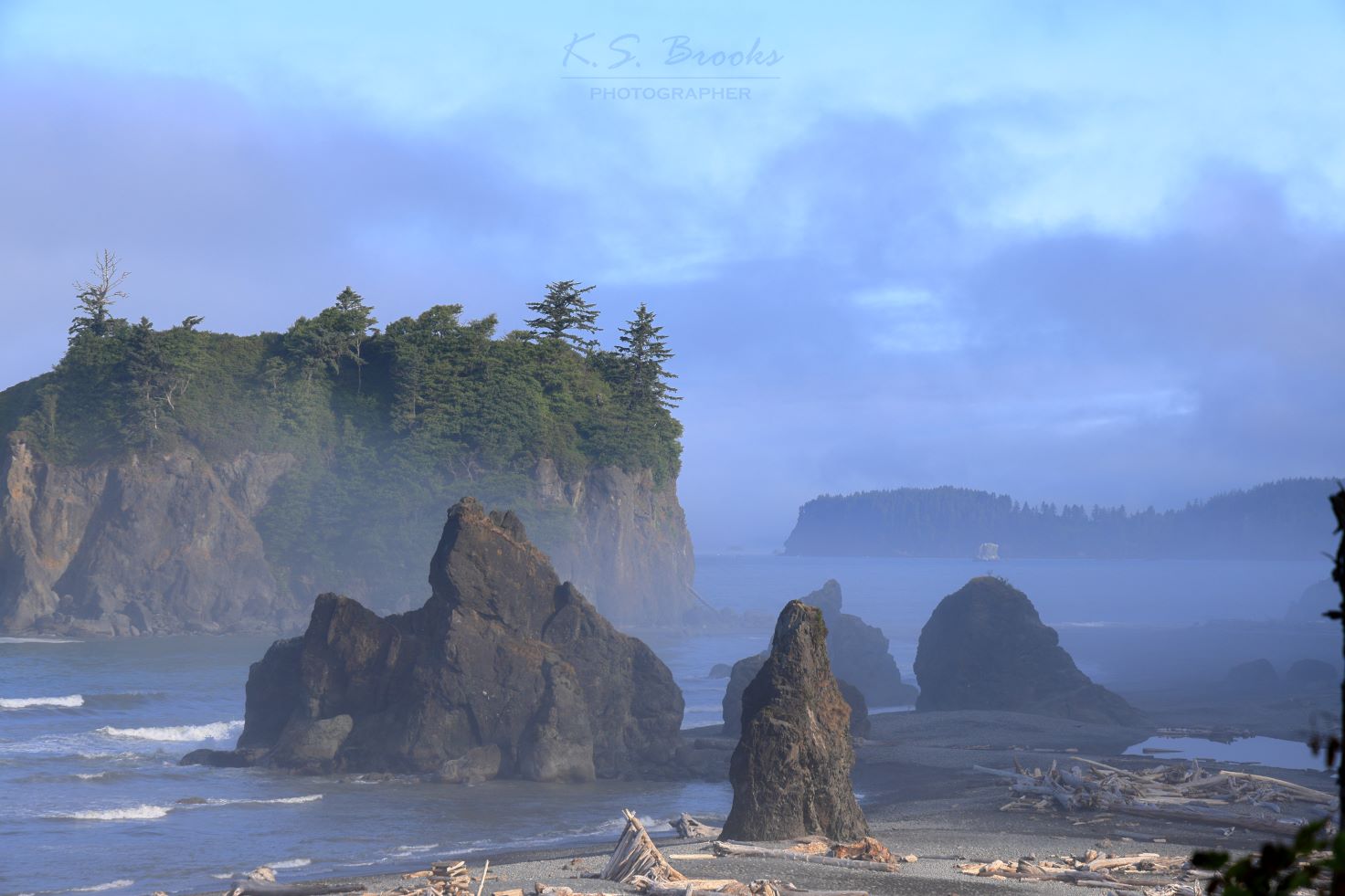misty beach and dawn with sea stacks at ruby beach, olympic peninsula WA 